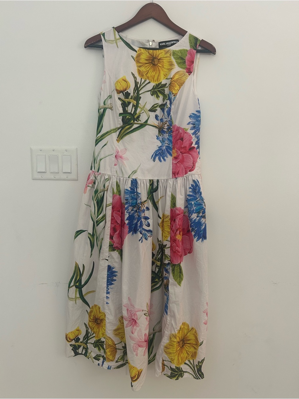 Karl Lagerfeld Paris Womens 6 Floral Drop Waist Midi Dress 100% Cotton White